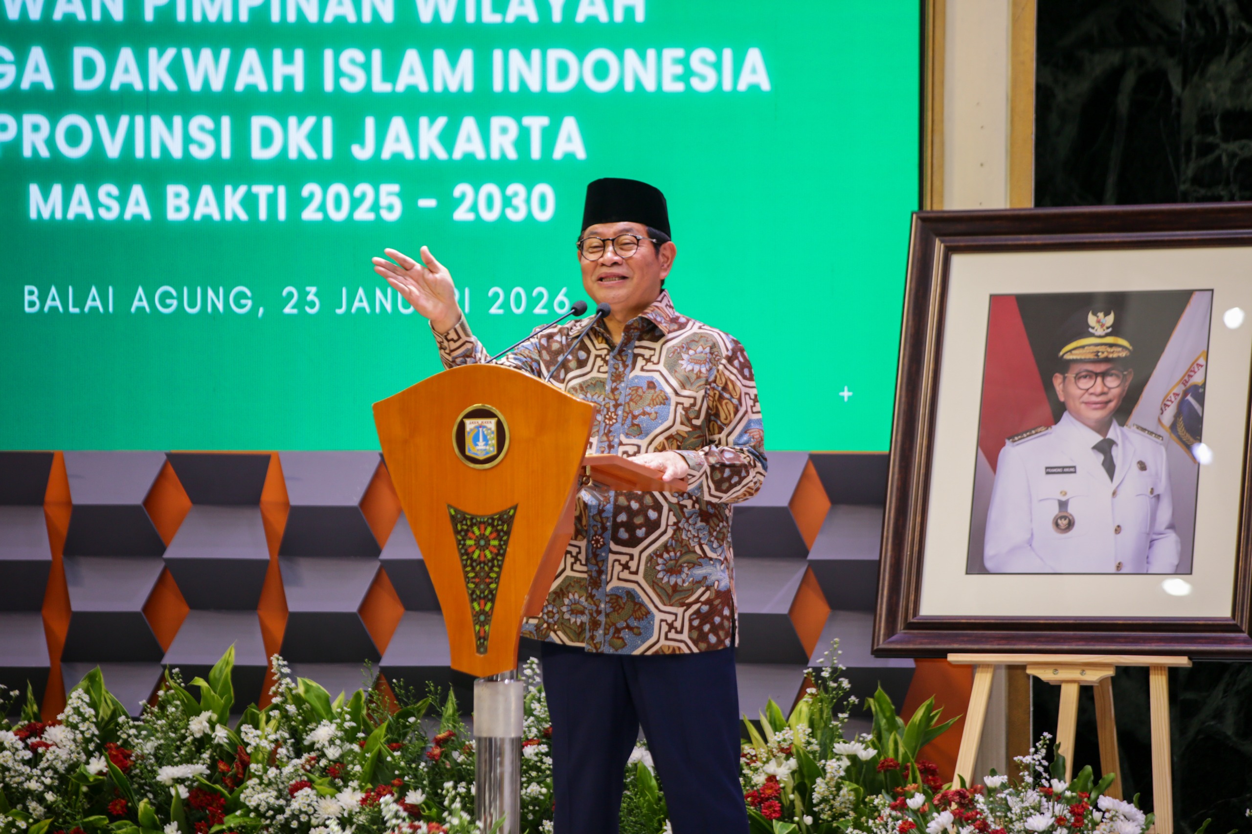 Pramono Anung mengucapkan syukur bisa hadir dan memberikan selamat atas dikukuhkannya kepengurusan LDII DKI Jakarta masa bakti 2025-2030. Foto LINES